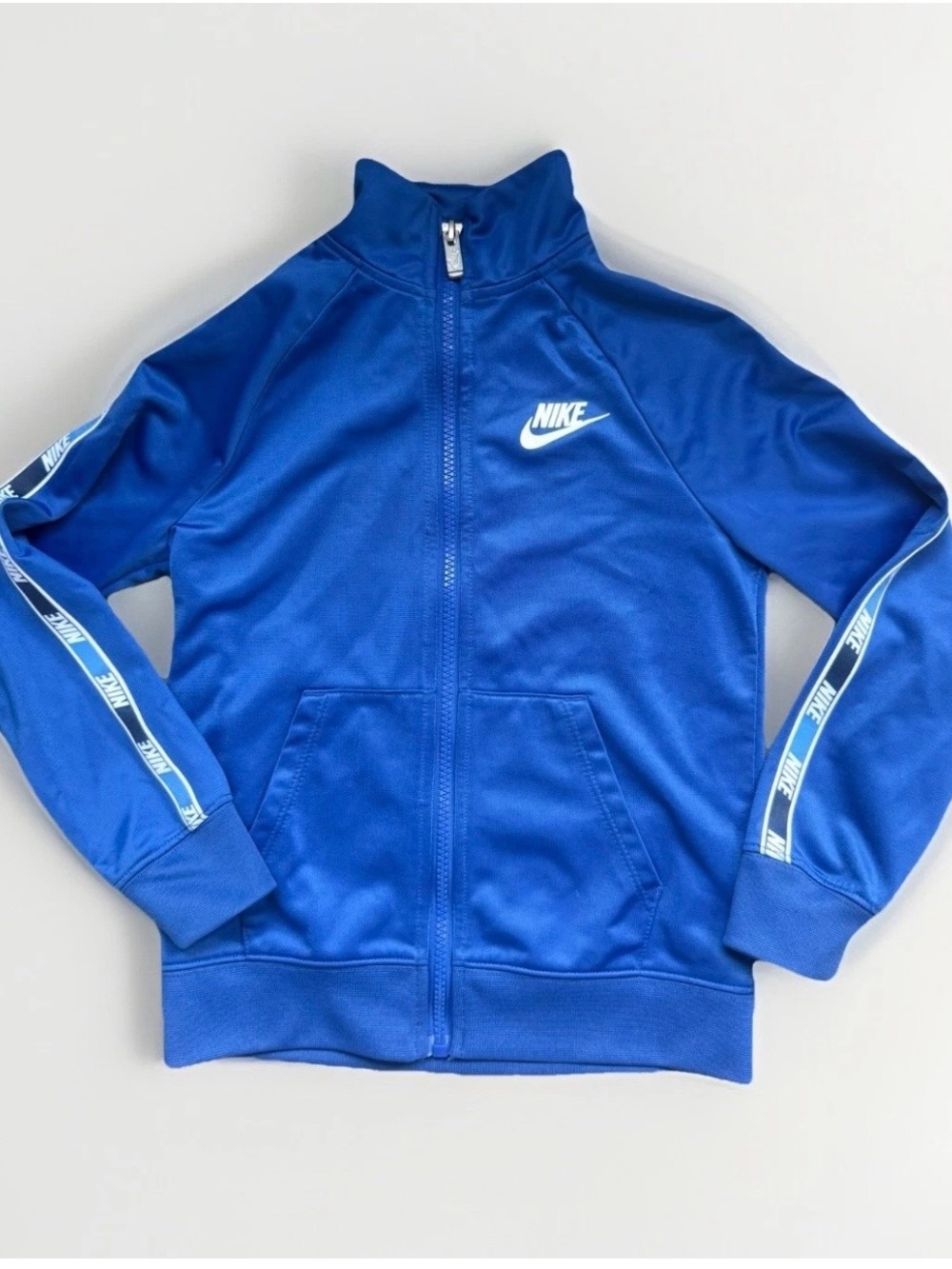 Nike Boys Sz 5/6 (110-116cm) Full-Zip Track Jacket White Swoosh Logo Pockets EUC